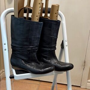 Mea Shadow Black Leather Slouch Boots with Embossed Sole